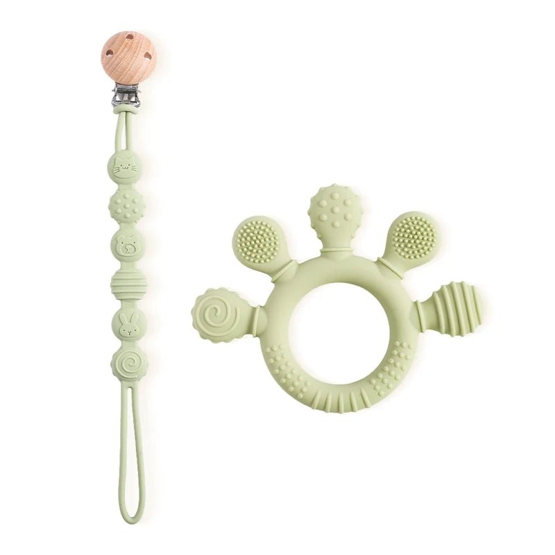 Anneau de Dentition en Silicone pour Bébé + Attache Sucette Assortie - Mini Aventurier