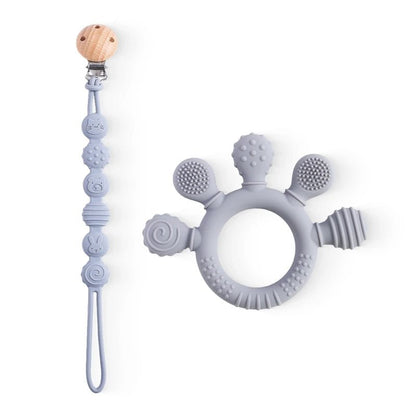 Anneau de Dentition en Silicone pour Bébé + Attache Sucette Assortie - Mini Aventurier