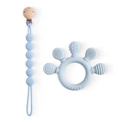 Anneau de Dentition en Silicone pour Bébé + Attache Sucette Assortie - Mini Aventurier