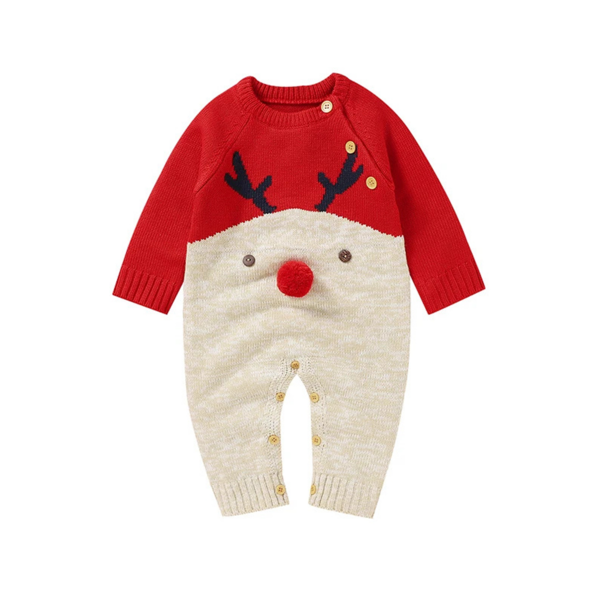 Combinaison bébé Noël rouge avec motif renne en tricot et pompon 3D, parfaite pour les fêtes