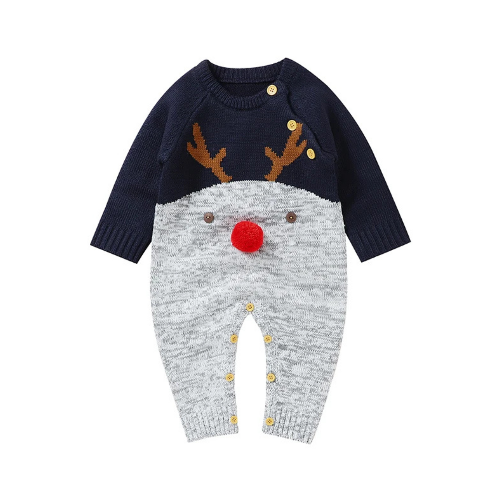 Combinaison bébé Noël bleu avec motif renne en tricot et pompon 3D, parfaite pour les fêtes