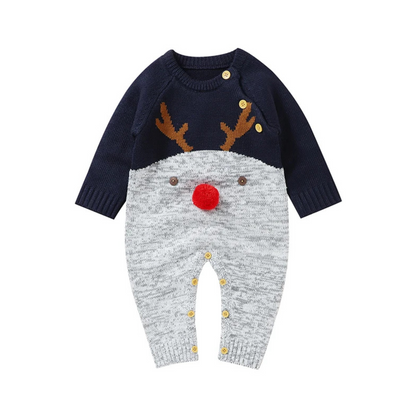 Combinaison bébé Noël bleu avec motif renne en tricot et pompon 3D, parfaite pour les fêtes