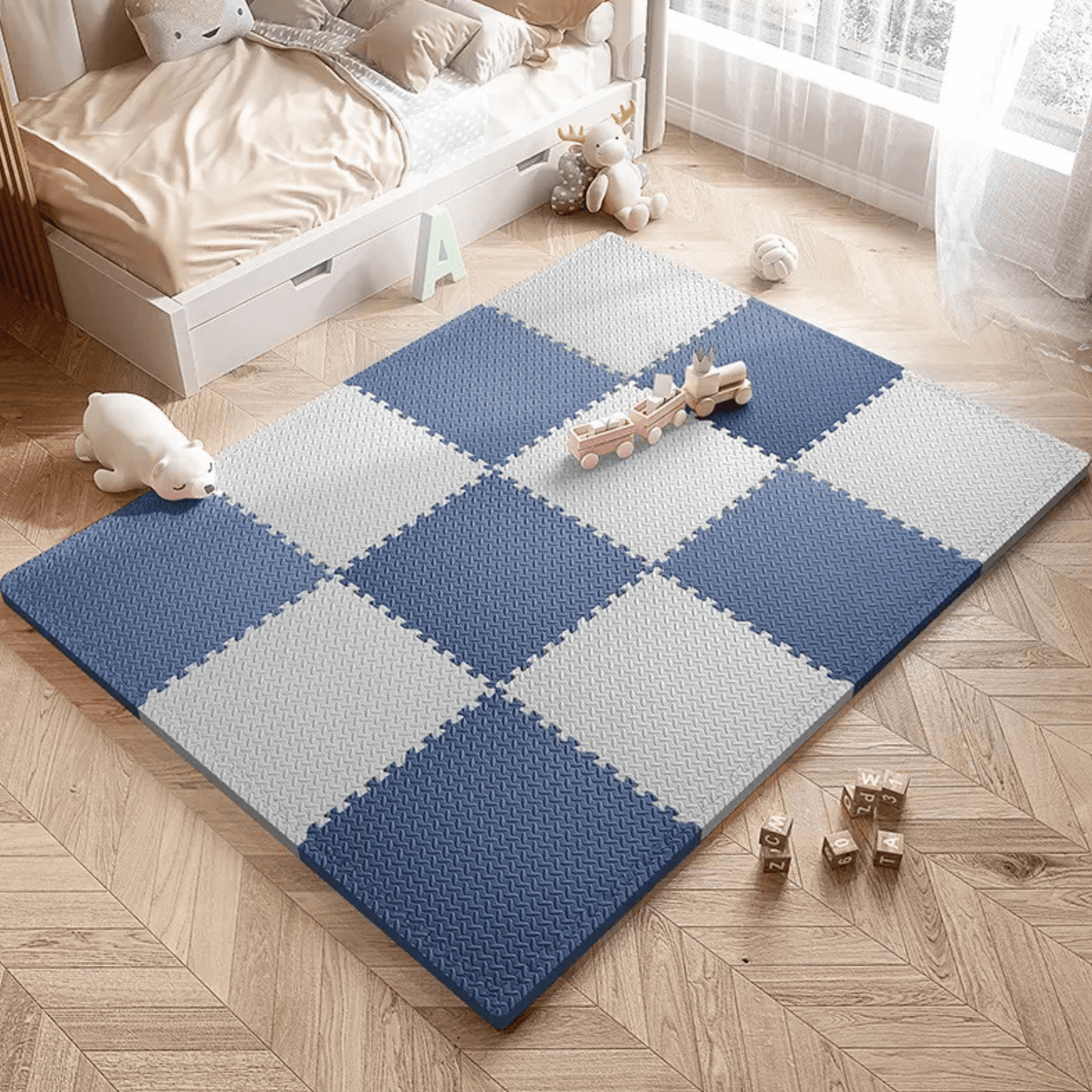 Tapis d'éveil en mousse pour bébé gris et bleu 120x120 cm