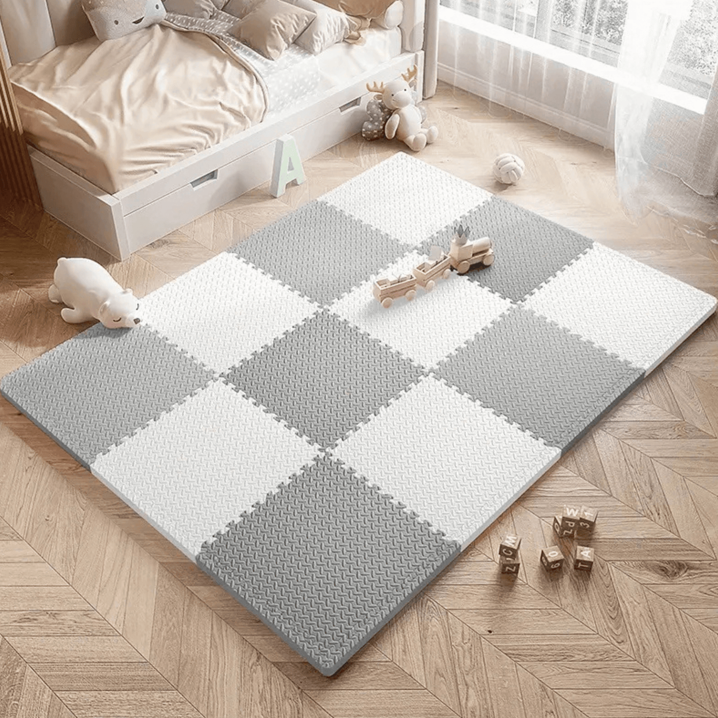 Tapis d’éveil pour bébé, couleur gris et blanc, format puzzle 120 cm